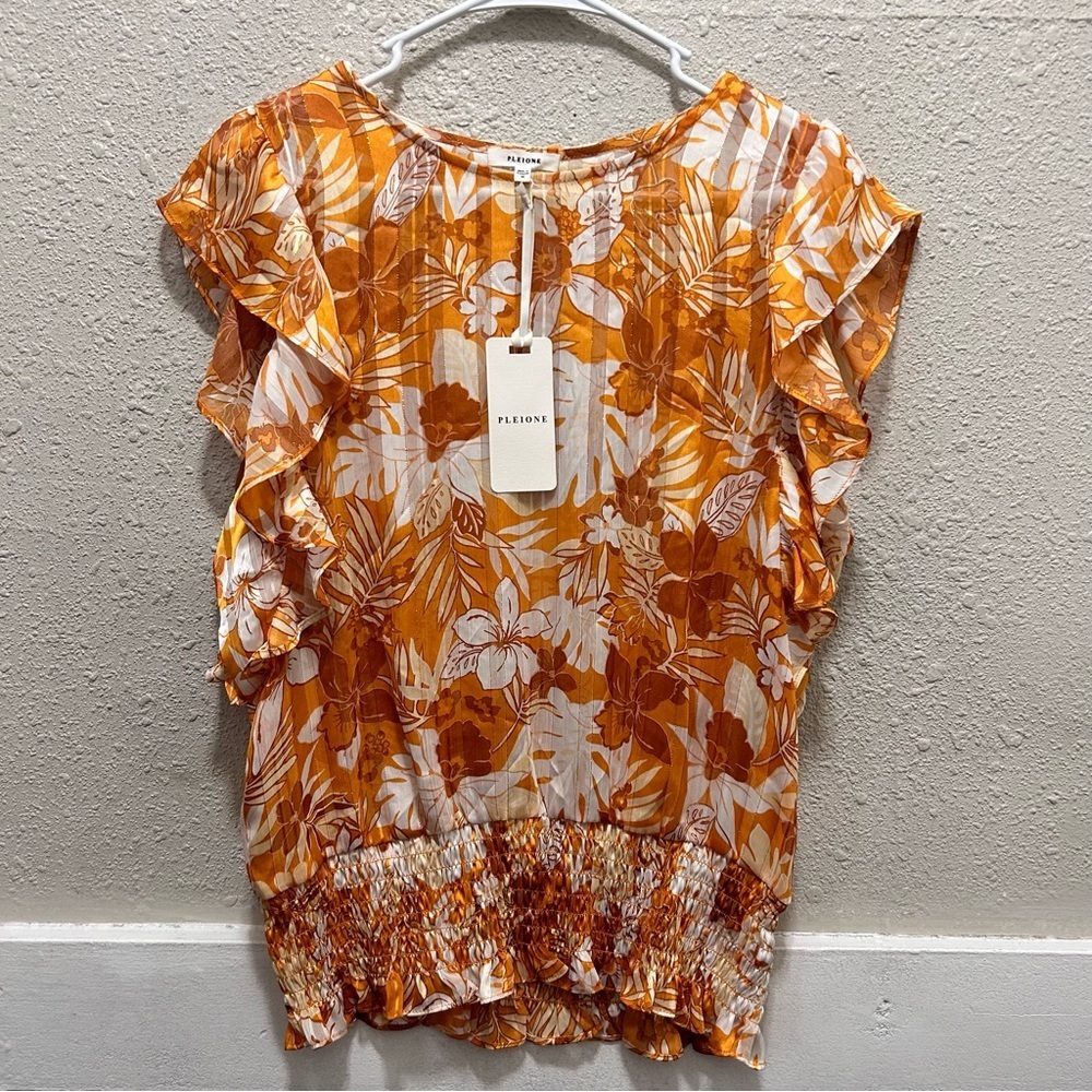 Pleione Orange Floral Flutter Sleeve Smocked Blouse NWT M